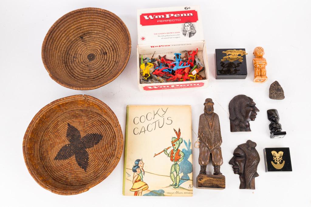 Vintage Native American Collectibles: 2 woven straw baskets, 3 carved wooden pieces, carved stone items, ceramic shaker figure, Cocky Cactus book by Carolyn Teneyck Appleton (1946), Native American toy figures (some lead, some plastic), 2