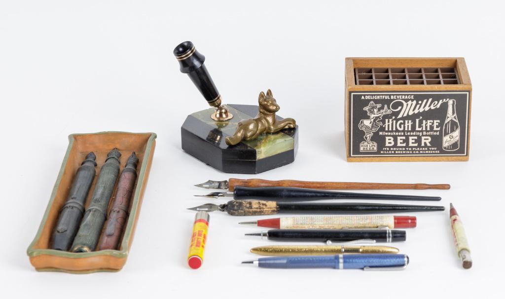 Antique & Vintage Pens & Pen Holders: Alabaster and black marble Wahl-Eversharp pen holder with bronze dog, base measuring approx 3" x 4", Antique ceramic pen holder tray (has paint wear, no chips) depicting 3 fountain pens, measures appr