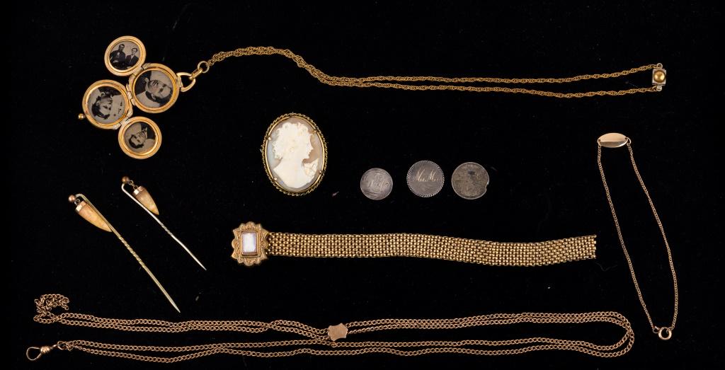 Antique Victorian Jewelry & Love Tokens: 3 love tokens, 2 shell cameos (the finding is missing on the bracelet), 2 animal tooth stick pins, 1 folding picture locket (opens and closes), 1 pocket watch chain.
