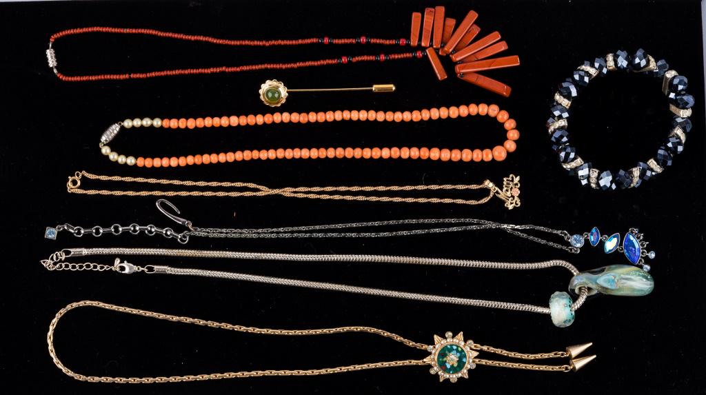 Vintage Necklaces, Coral and Gold: Necklace with "Mother" pendant (pendant marked 14K but chain unmarked), graduated coral bead necklace, several glass necklaces (one with blue rhinestones marked Givenchy), bracelet, and a green nephri