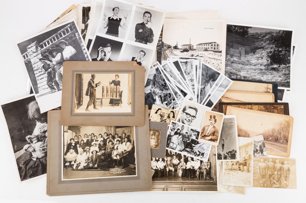 Antique & Vintage Photos (70+): 25+ Hollywood promotion photos and head shots (some autographed) including Vaudeville, Wizard of Oz and actors / actresses, 11 more postcards, 2 African American (real photo), 2 black face actors and 