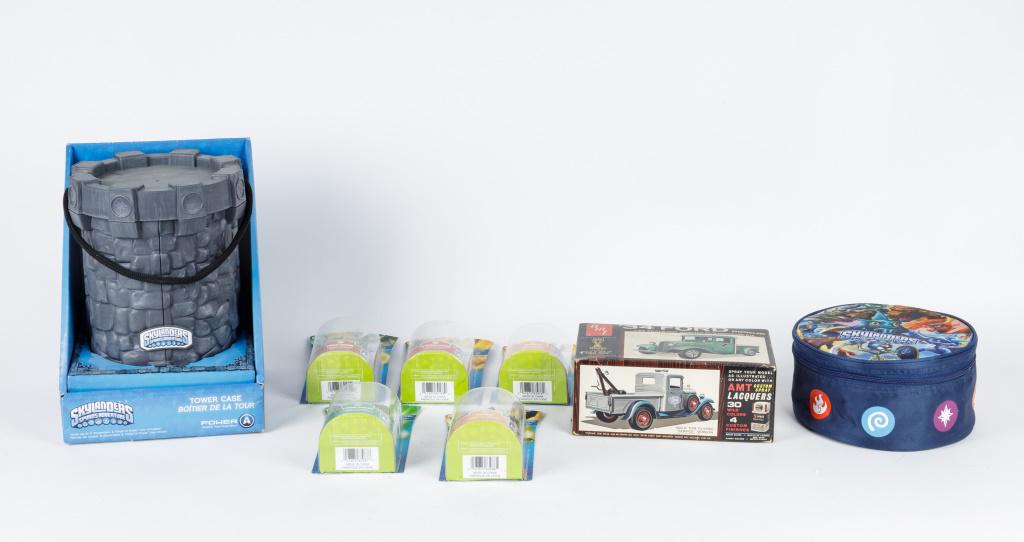 Vintage Ford AMT Model & Skylanders Toys: 1934 Ford pickup truck AMT model has never been constructed and has original instructions in the box. Skylanders computer game toys including five character figures (Boomer, Flameslinger, Stumpsmash,