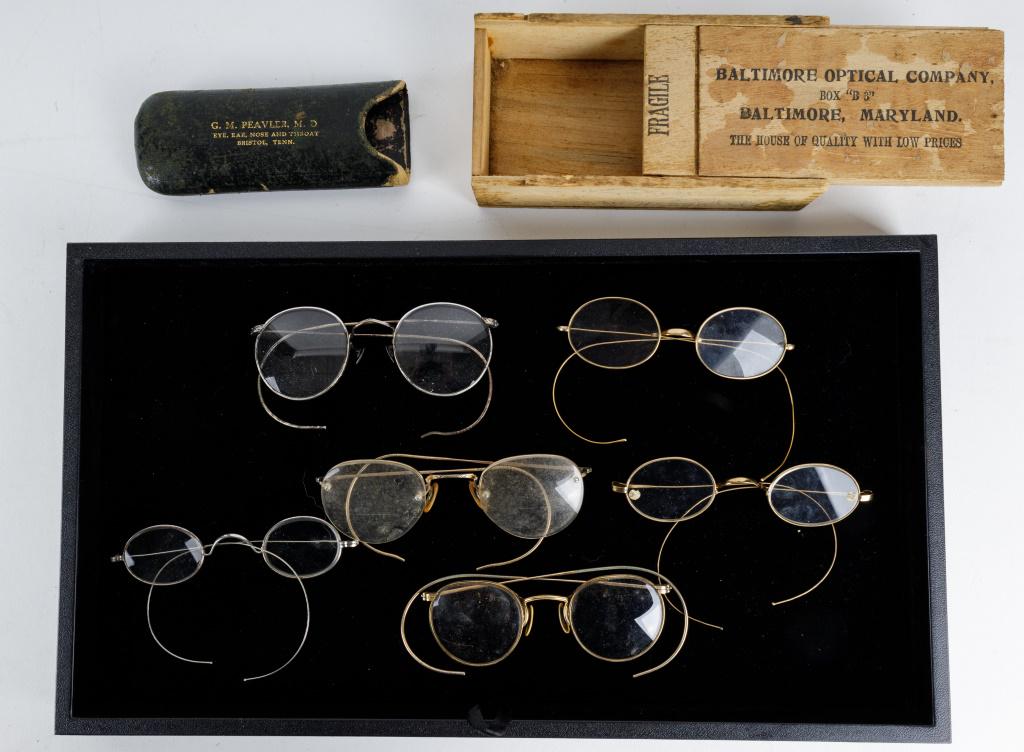 Wire Frame Spectacles (6): Lot of 6 spectacles / glasses, a box and case. Includes one pair marked Shuron 12K gold filled. All glasses seem to be complete.