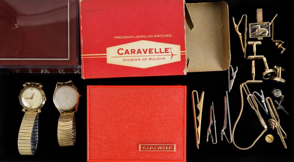 Elgin, Caravelle Wrist Watches & More: Lot of 13 includes Elgin Shockmaster with 10K GF bezel and elastic band. Also Bulova L7 rolled gold with elastic band in Caravelle case and box. Also includes a Timex box. Watches untested. Tie clips