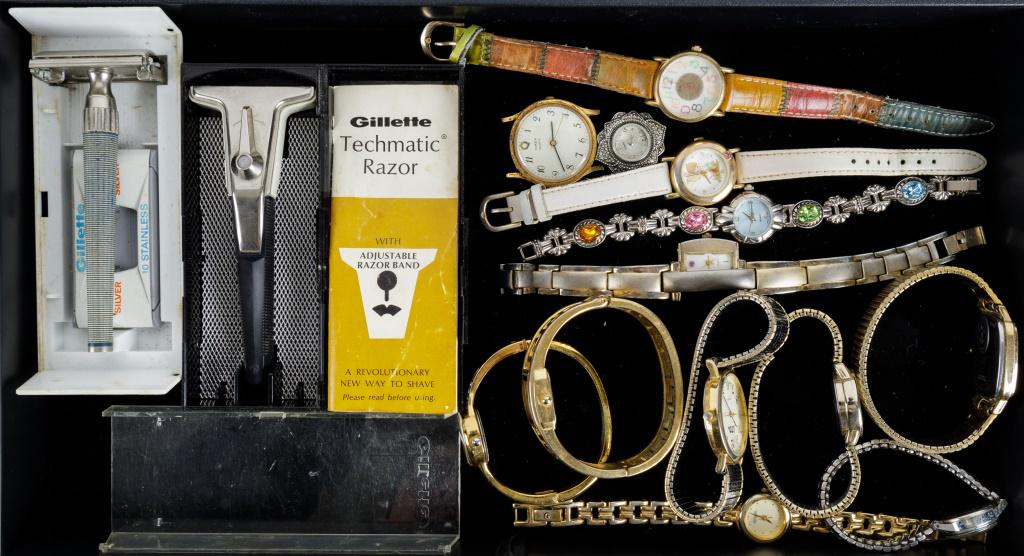 Vintage Watches & Safety Razors: Lot includes 11 wrist watches: Caravelle, Guess, 2 Timex and others unmarked. Also includes 2 safety razors including Gillette Techmatic (with case) and Gillette England. All watches