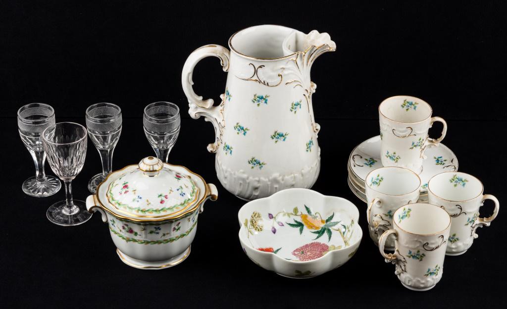 Antique Chocolate Set, Cordials & Limoges: Chocolate pot with lid signed Carlsbad China Austria dated 1892 (good condition) comes with 4 cups (3 good, 1 has a flea bite), 4 saucers (1 has hairline crack), 4 cordials (3 pressed glass & one is c
