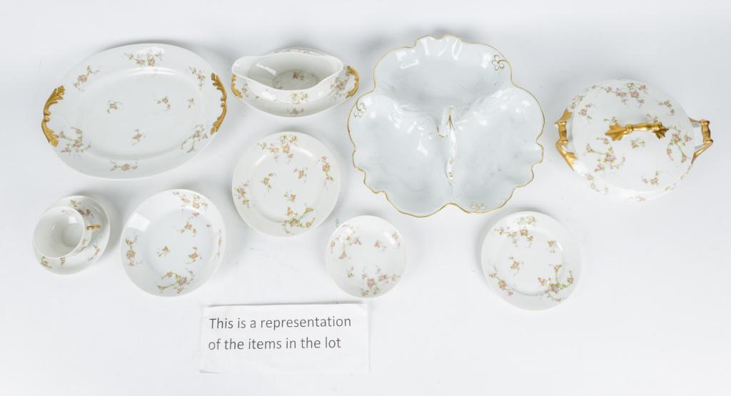 Antique M. Redon Limoges Porcelain Dinnerware Set: Antique M. Redon Limoges porcelain dinnerware set includes: 20 plates (approx 9 3/4" dia), 13 saucers, 11 cups, 7 salad plates, 1 gravy boat, 3 platters (approx 15 1/2" x 16 1/2", one is an off patter