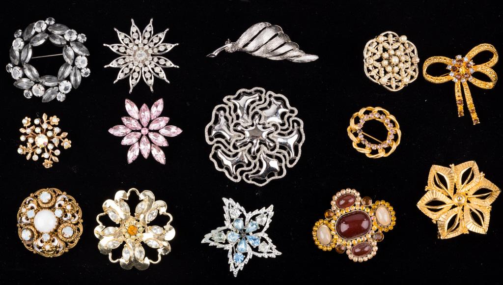 Rhinestone Brooches & More (14): There are 14 brooches including one large silver tone brooch marked Monet (approx 2 1/2" dia). Please see photos.