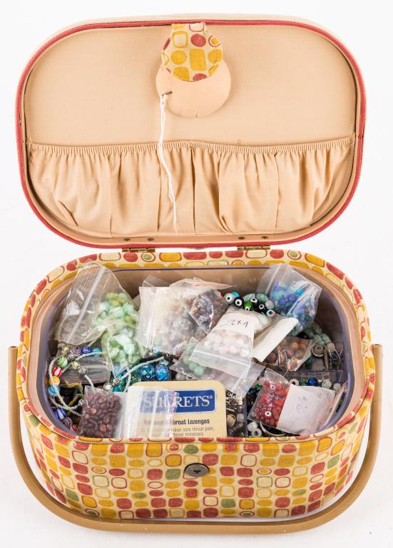 Vintage Basket of Beads: Vintage sewing basket holds many glass and stone beads. Some packaged and some loose. See photos.