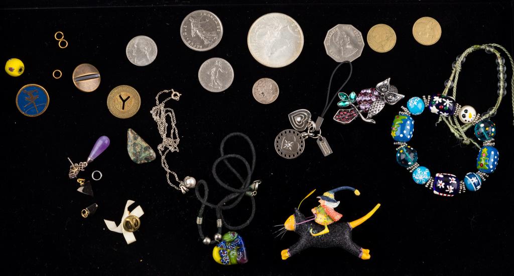 Millefiore, Jewelry, Coins & More: Millefiore heart necklace, lamp work bead bracelet, Coach charm, necklace with pearl (unmarked), owl pendant, art cat pin (unmarked), single earring, black triangle charms and more. Coins include 1923