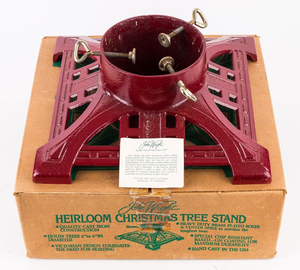 John Wright Heirloom Christmas Tree Stand: John Wright Heirloom Christmas tree stand measures approx 14" square x 5" H. Made in Wrightsville, Pennsylvania by John Wright. Comes with information tag, original box and is in excellent condition.