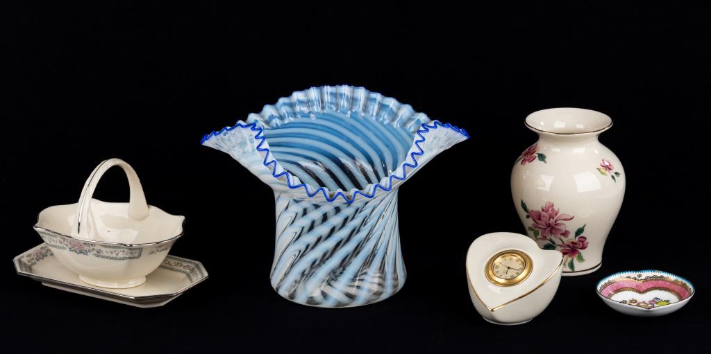 Art Glass Vase and Lenox: Top hat shaped art glass vase, possibly Fenton, approx 7" H, 10" dia at rim. Blue ribbon edge with clear and white stripe design throughout. Also 4 pieces of Lenox including a quartz desk clock, baske