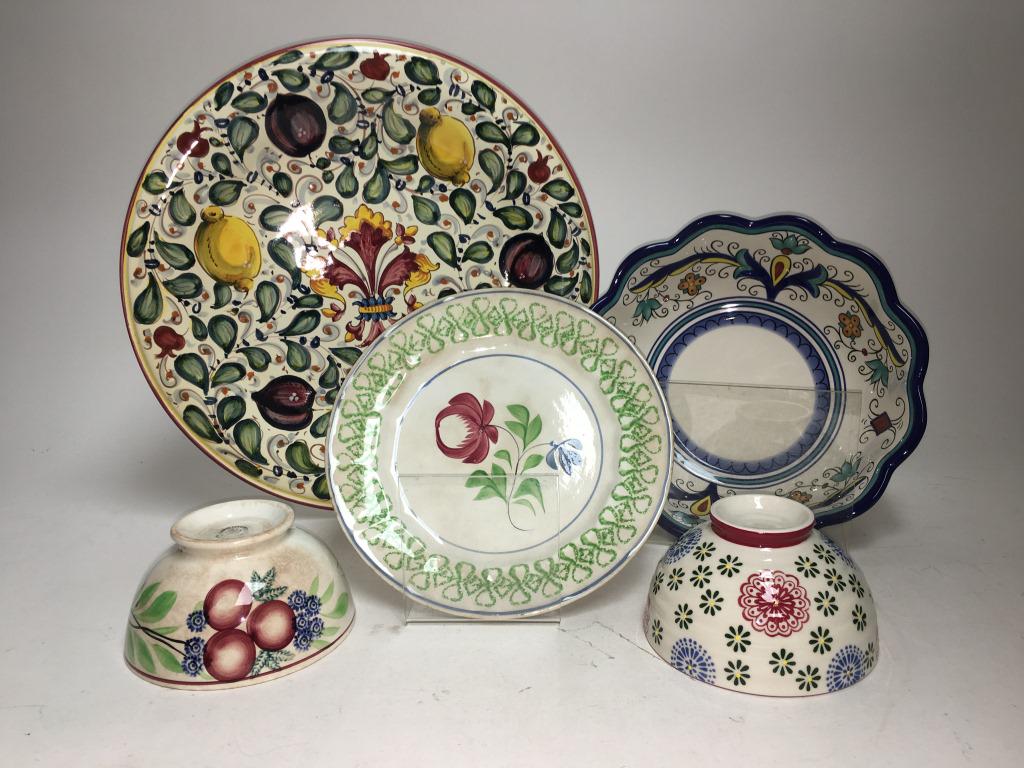 Porcelain and Pottery: A large (approx 16 1/2") signed (Illegible) charger with lemon, plum and central Fleur de Lis pattern (Italian Majolica?), a large painted bowl marked San Merino, an unmarked flower motif porcelain bo