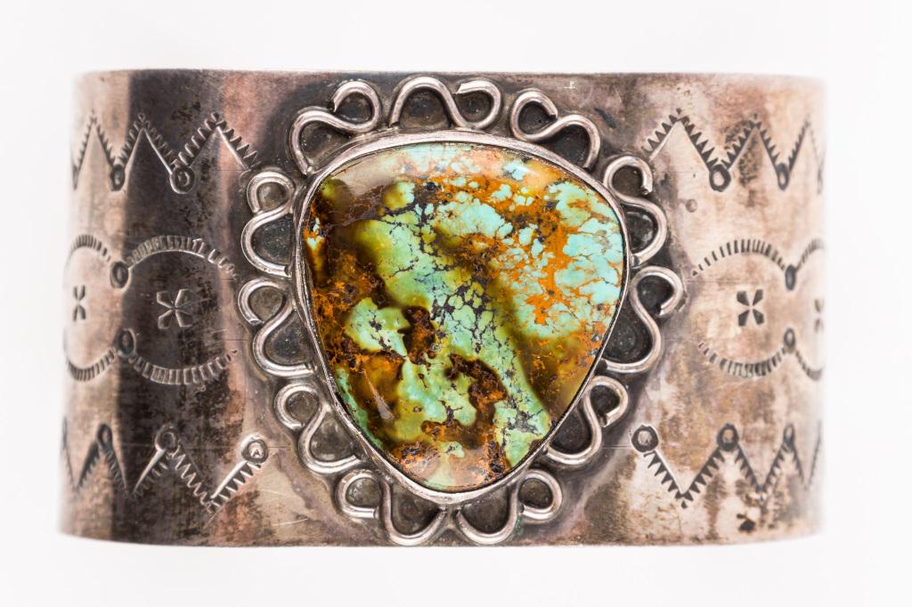 Antique Native American Sterling Turquois Bracelet: Heavy wide Native American sterling turquoise early cuff bracelet with hand hammered Native American details, almost 3" wide ...