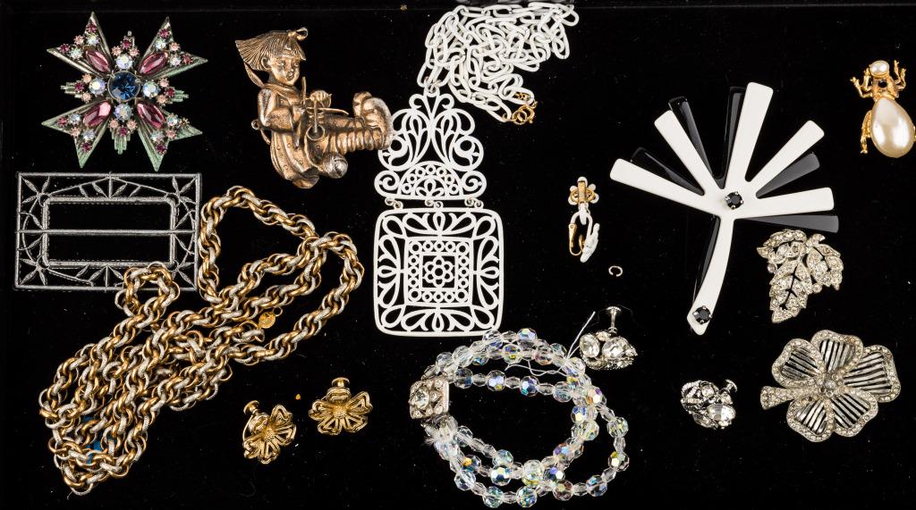 Trifari Florenza and Vintage Jewelry Collection: Trifari white enamel 1960s necklace with earrings "Florenza" purple stone Maltese cross brooch, "Silson' girl pot metal brooch, "Lafayette made in Italy black and white celluloid brooch, 3.5"x4" and m