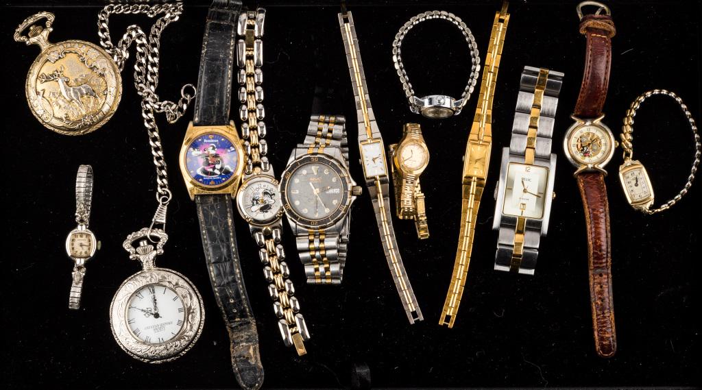 Vintage Watch and Pocket Watch Collection: Collection includes Armitron 2, Pepe Le Pew watches, Mickey Mouse, two vintage pocket watches, Timex and more.