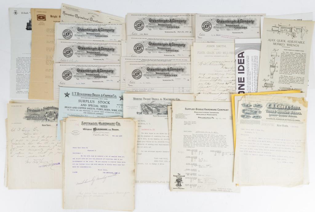 Industrial & Hardware Letter Heads (80+): Lot of 80+ letter heads from various locations in the United States with themes including industrial and hardware. Most seem to be dated from the early 1900s - 1920s.