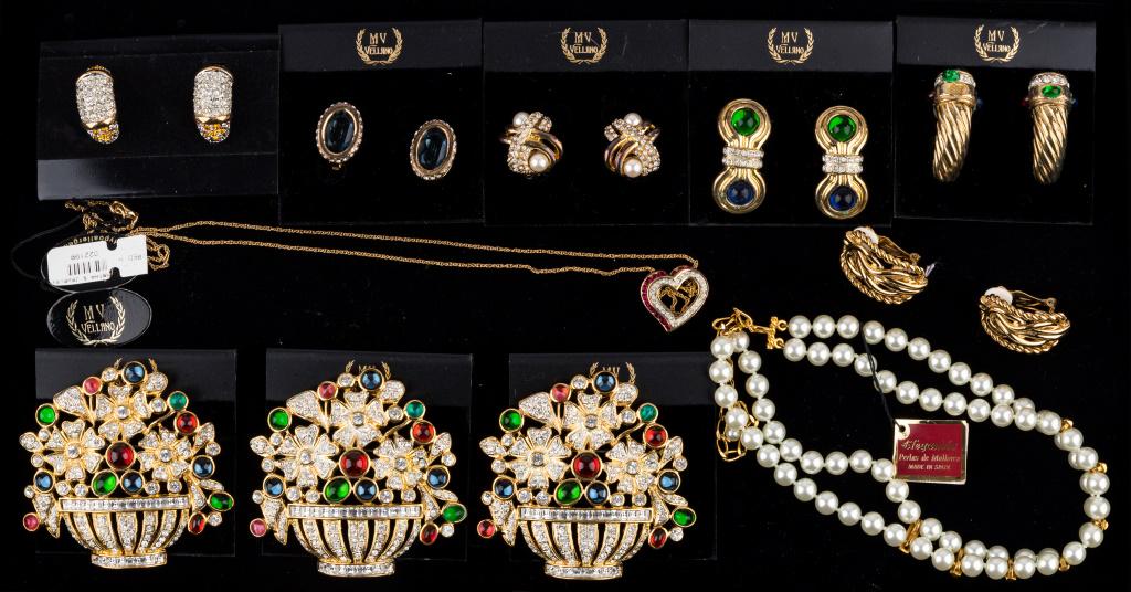 MV Vellano Jewelry & Others: Total of 11 pieces including 9 MV Vellano (5 clip earrings, heart necklace and 3 brooches. There is an Elegancia Made in Spain faux pearl choker and Carre earrings. See photos