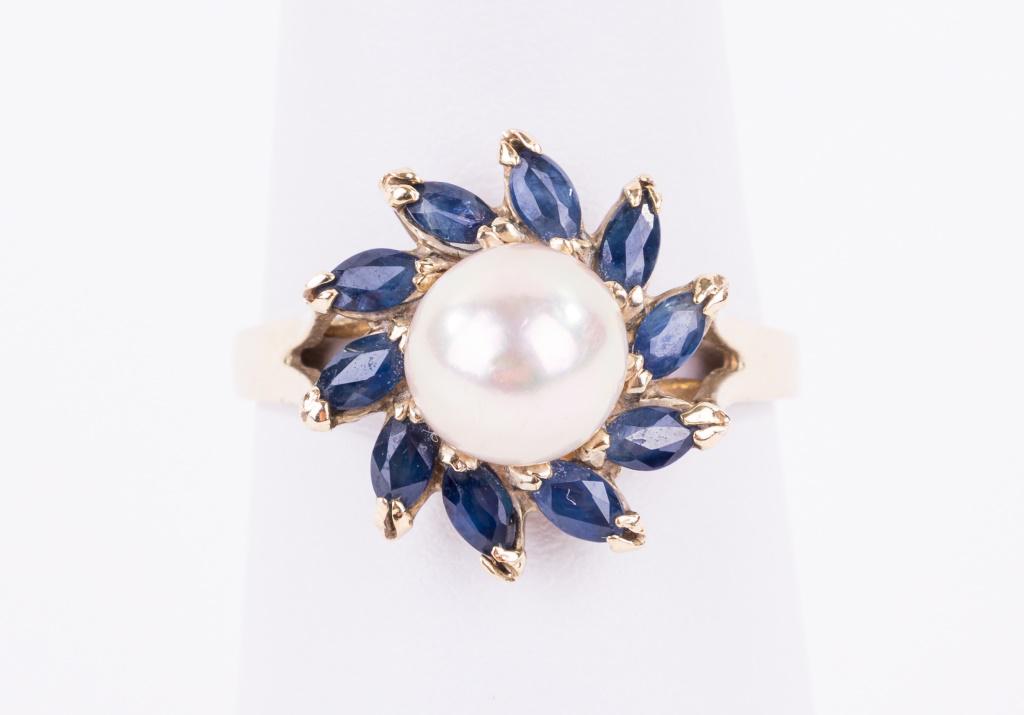 14K Gold Cultured Pearl & Sapphire Ring (1 of 8)