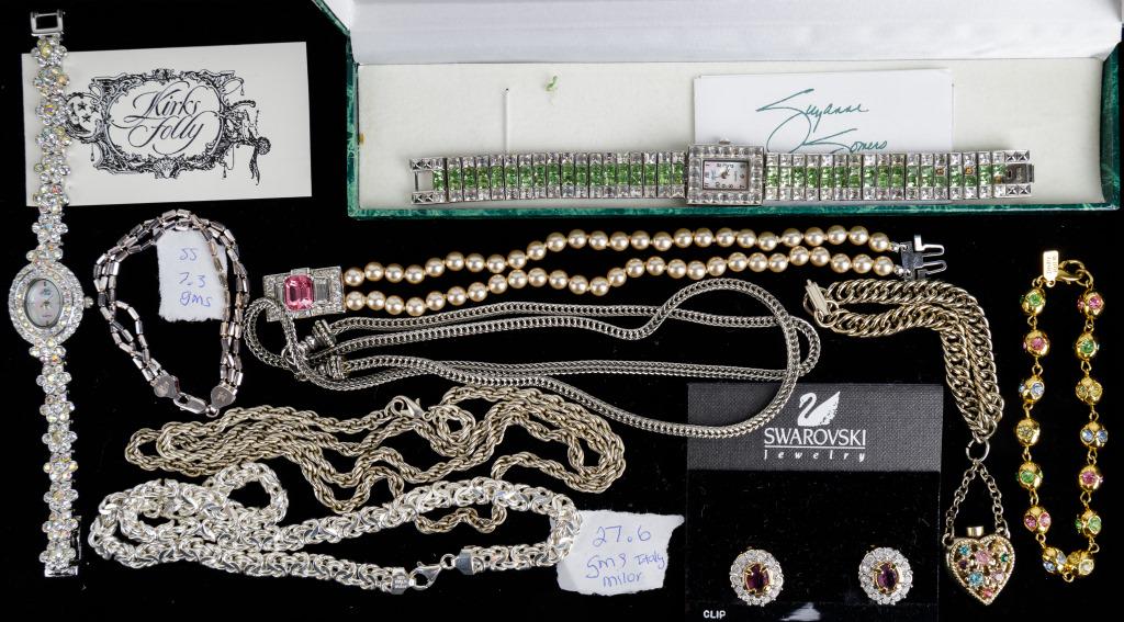 Vintage Sterling Silver & Silver Tone Jewelry: Sterling silver Italy Milor necklace (approx 16" L)(approx 27.6g), double strand sterling silver bracelet (approx 5" L)(approx 7.3g), Kirks Folly watch, Swarovski crystal clip earrings, Deidre Hall mu