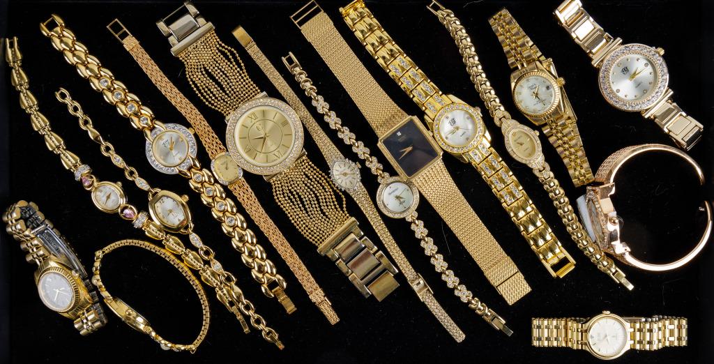 Ladies Gold Tone & Crystal Quartz Watches: 16 ladies gold tone and crystal quartz watches featuring Bulova, Seiko, Gruen, Elgin, Waltham, Armitron, and more