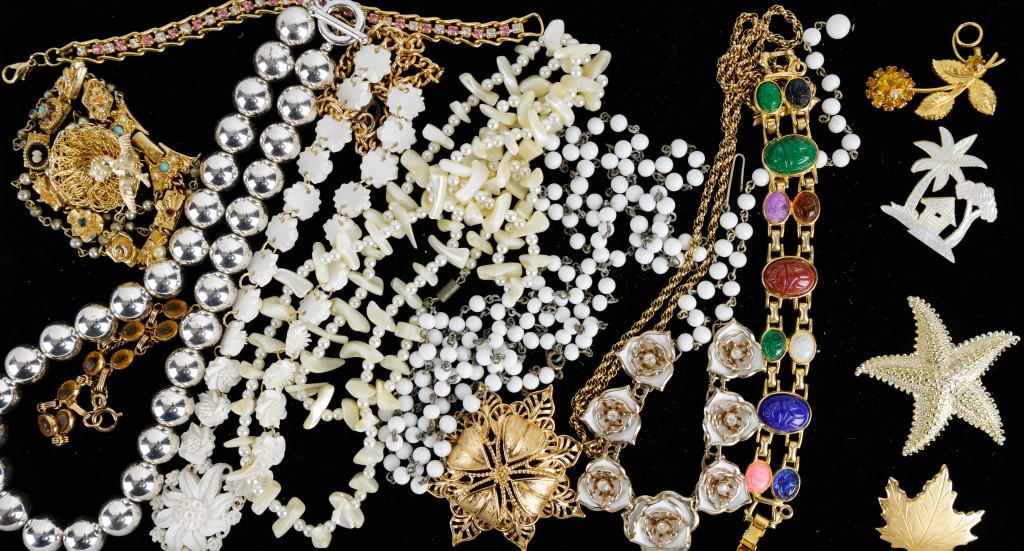 Vintage Jewelry Collection: Sampling includes Monet gold tone necklace, mother of pearl and white floral necklaces, and more.