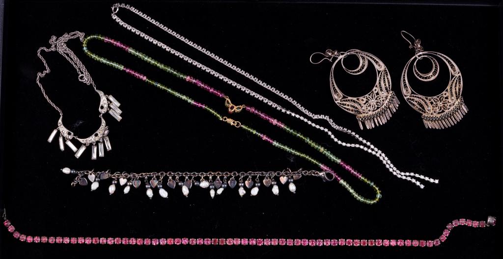Vintage Semi Precious & Rhinestone Jewelry: Lot of jewelry includes 4 necklaces. One is a pink and green necklace with semi precious stones (approx 18" L), sterling rhinestone necklace, Coro sterling necklace with pink stones and another rhines