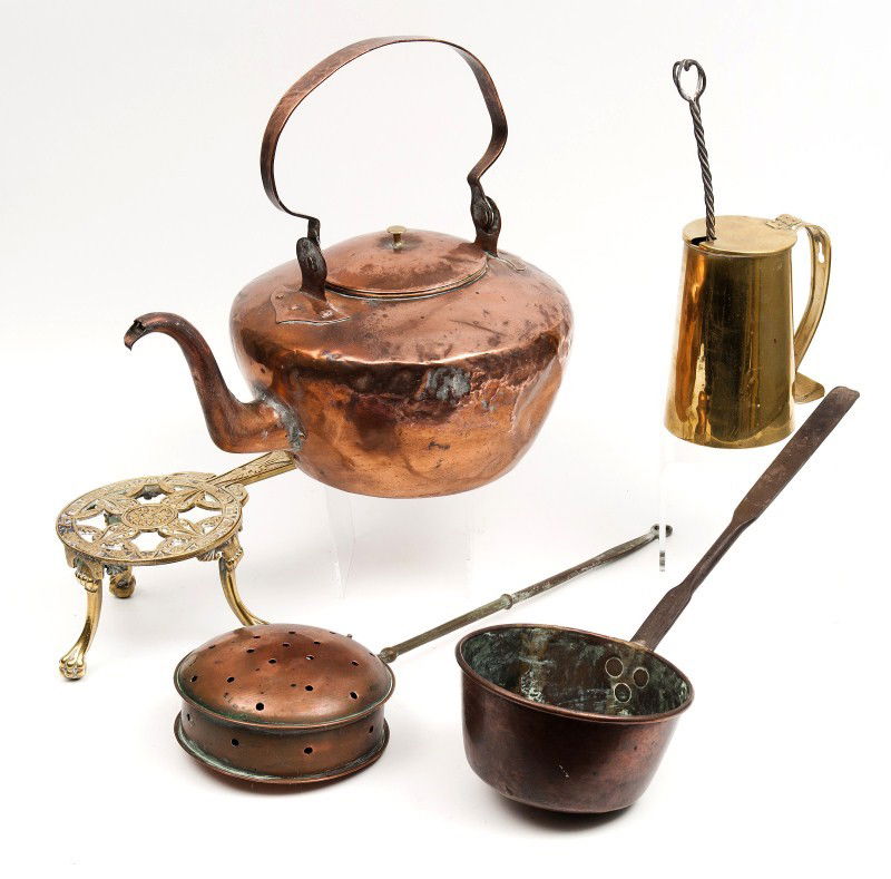 Early Copper and Brass: Grouping of early copper and brass including Cape Cod lighter, trivet, 19th C hot water kettle with dovetail construction, etc.