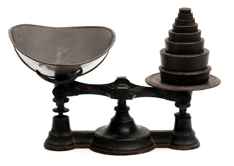 Cast Iron Scale and Weights: 19th C cast iron scale and weights, scale is 14"l