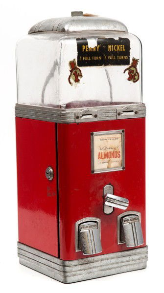 Penny/Nickel Vending Machine: Northwestern penny/nickel vending machine in red paint, no key necessary, 17"h