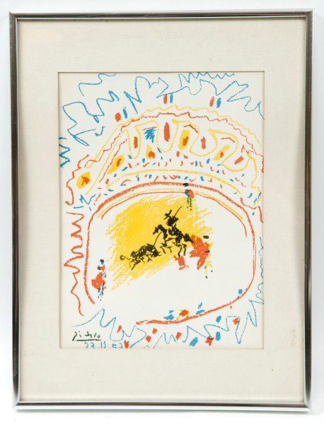 Pablo Picasso Stone Lithograph: Original stone lithograph by Pablo Picasso titled "The Small Bullfight" two thousand copies, plate signed; reference Mourlot #203, Ferdinand Roten 1973 Catalogue, ID 8 1/2" x 11 1/2"