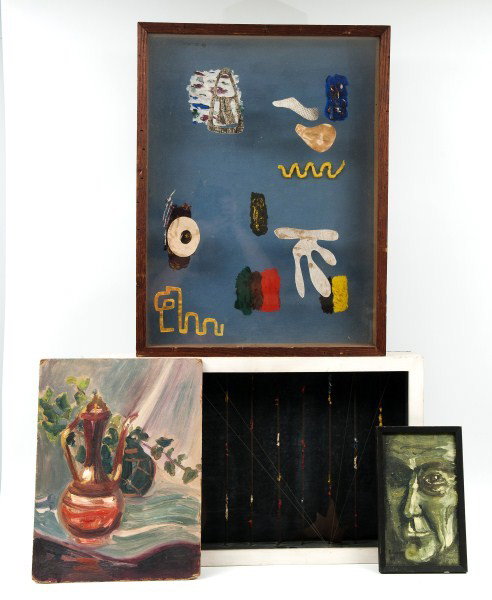 Mid Century Art: Four pieces of Mid Century art including two shadow boxes, a signed portrait and a still life