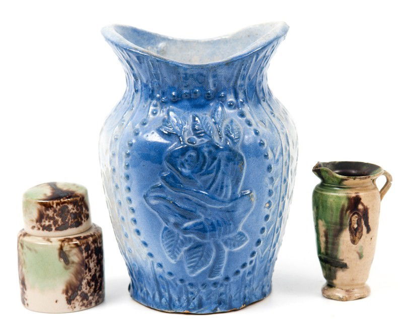 Earthenware Miniatures: Two earthenware miniatures including a 2 1/2" tall pitcher, lidded jar and a larger blue decorated stoneware vase
