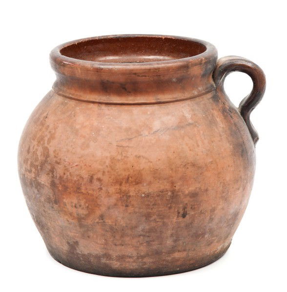 Redware Bean Pot: Redware bean pot with applied handles, 6 1/2"h