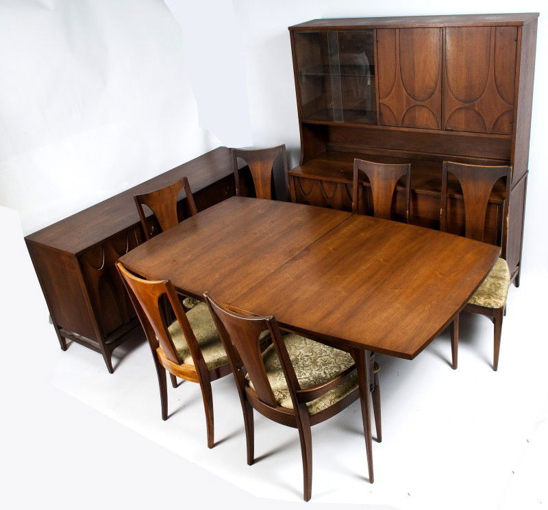 Mid Century Modern Dining Set by Broyhill Premier: Nine piece Mid Century modern dining set featuring the Brasilia collection by Broyhill Premier including a hutch, server, dining table and six chairs, ca 1960