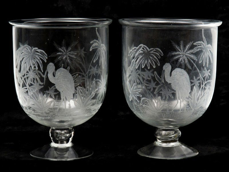 Etched Stork Compote Pair: Pair of etched compotes with storks and palm trees, late 19th/early 20thC, 9 1/2"h