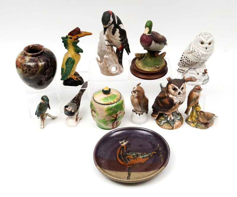 Goebel Birds and Owls: Grouping of three Goebel birds, two owls and a Mallard Duck by Andrea, Rooster plate, Linnets bird, Staffordshire toucan, etc. (one of the song birds missing tail feather)