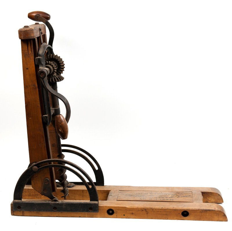 Beam Drill: Wooden beam drill press manufactured by Snell Manufacturing Fiskdale, MA, U.S.A, 25 1/2"h x 29"l x 8"w