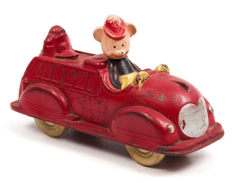 Walt Disney Productions Hard Rubber Mickey Mouse F: Ca 1940 with Mickey Mouse driving a fire truck with Donald Duck in rear, 6"l