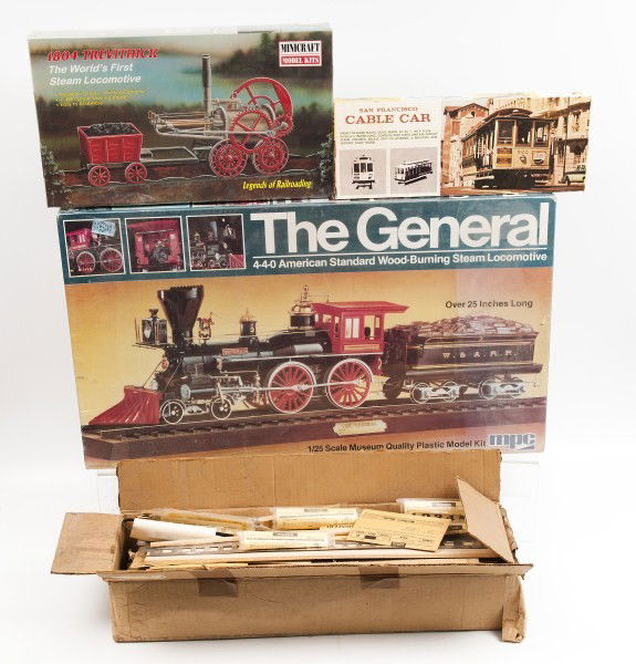 Train Models: Three train models including Hawk 517 Cable Car (unused and appears to be complete), Minicraft Model Kits 11102 1804 Trevithick and a MPC 2001 The General; also with another unmarked boxed train model