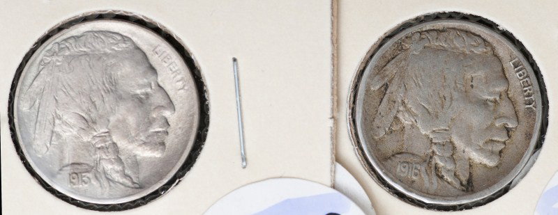 Two Buffalo Nickels 1913P 1916S: Two Buffalo nickels including 1913P Buffalo type 1 "on mound" MS63 and 1916S Buffalo nickel VF20