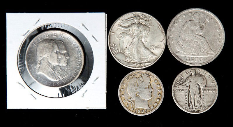 1939 Walking Liberty, 1856 Seated Half, 1901 Barbe: 1856-O seated half EF, 1939 Half AU, 1901 Barber quarter VG, 1925 quarter F; also with a Sesqui commemorative half dollar XF