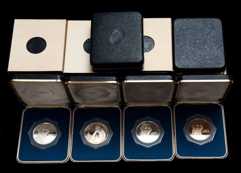 Franklin Mint Sterling Silver Commemorative Medals: Three Franklin Mint sterling silver Joseph Priestley Medals for "The Bicentennial Discovery of Oxygen"; also with fourteen bronze versions
