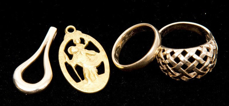Gold Rings and Pendants: All 14K yg including a basket weave ring, size 9 1/4; wedding band, size 7 1/2; tear drop pendant and a religious pendant, 12.8dwt