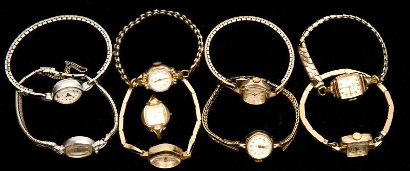 Lady's Wrist Watches: Eight various white and yellow gold-filled including Benrus, Elgin, Elgin De Luxe, Hamilton, Bulova, Gruen, and Paul Breguette