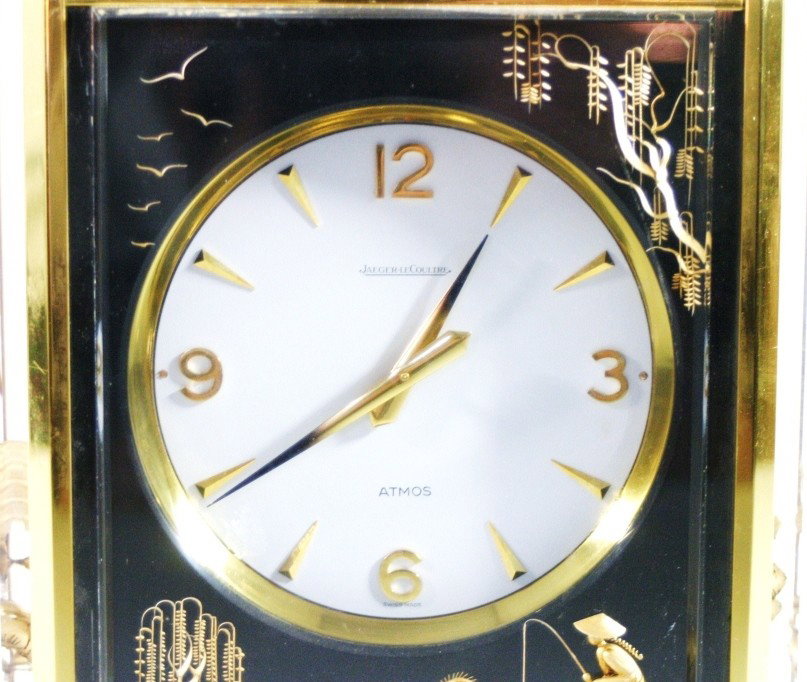 Jaeger LeCoultre Black Marina Atmos Clock: Jaeger LeCoultre Black Marina Atmos Clock, enchanting clock mounted stylized Lucite panels decorated with oriental design 9”h