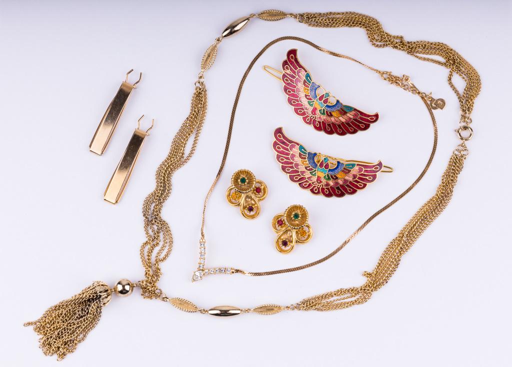 Vintage Gold Tone Necklaces & Peacock Hair Clips: Lot includes one necklace with rhinestones marked Christian Dior, gold tone tassel necklace, Bluette shoe clips marked Made in France, two pairs of enamel on gold tone peacock and gold tone hair clips