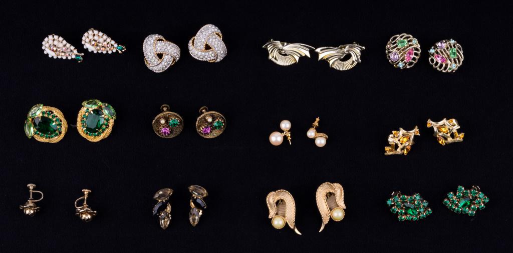 Vintage Earrings: Lot includes 12 pairs of vintage earrings with names such as Sarah Coventry, Kramer and Coro. All others are unmarked. One pair (faux pearl) are pierced and all others are clip.