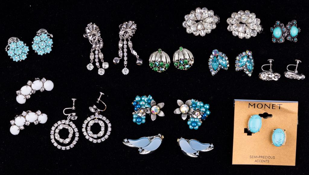 Vintage Earrings: Lot of 12 pairs of clip earrings include names such as Kramer, Lisner (2), Beaujewels, Monet, Weiss and Coro. All others unsigned.