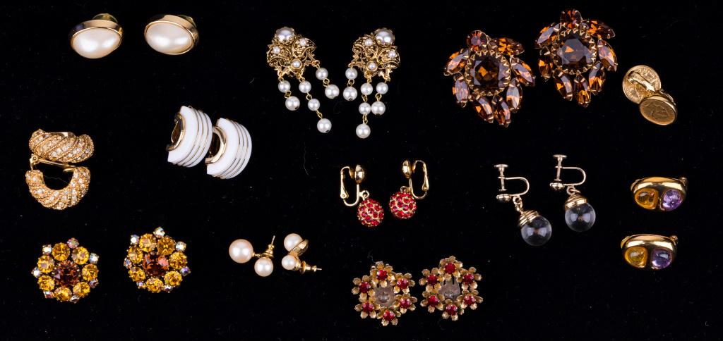 Vintage Earrings: Lot of 12 pairs of vintage costume earrings includes 10 pairs of clip earrings and 2 pairs of pierced earrings. Names include Weiss, Philip Hulitar, Trifari (3), Hattie Carnegie, one marked West Germa
